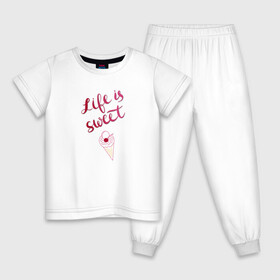 Детская пижама хлопок с принтом Life is sweet Ice cream в Курске, 100% хлопок |  брюки и футболка прямого кроя, без карманов, на брюках мягкая резинка на поясе и по низу штанин
 | Тематика изображения на принте: вишня | мороженое | рожок | розовый | сладкая жизнь