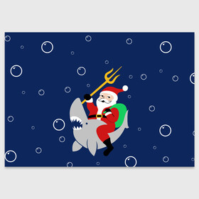 Поздравительная открытка с принтом САНТА КЛАУС НА АКУЛЕ | SANTA в Курске, 100% бумага | плотность бумаги 280 г/м2, матовая, на обратной стороне линовка и место для марки
 | Тематика изображения на принте: 2020 | 2021 | 2022 | christmas | merry | santa | акула | дед мороз | нг | новогодний | новый год | рождество | санта клаус | свитер | узоры