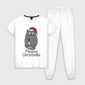 Женская пижама хлопок с принтом Новогодний кот с мышкой в лапах в Курске, 100% хлопок | брюки и футболка прямого кроя, без карманов, на брюках мягкая резинка на поясе и по низу штанин | Тематика изображения на принте: 2021 | 2022 | cat | christmas | merry | merry christmas | new year | snow | sweater | ugly christmas | winter | зима | кот | котики | коты | котэ | кошечки | кошки | новогодний | новогодняя | новый год | рождественский | рождественский свит