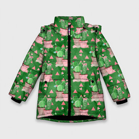 Зимняя куртка для девочек 3D с принтом Кактусы в горшках green в Курске, ткань верха — 100% полиэстер; подклад — 100% полиэстер, утеплитель — 100% полиэстер. | длина ниже бедра, удлиненная спинка, воротник стойка и отстегивающийся капюшон. Есть боковые карманы с листочкой на кнопках, утяжки по низу изделия и внутренний карман на молнии. 

Предусмотрены светоотражающий принт на спинке, радужный светоотражающий элемент на пуллере молнии и на резинке для утяжки. | Тематика изображения на принте: горшки | кактус | кактусы | колючий | колючки | цветок
