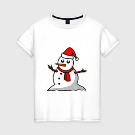 Женская футболка хлопок с принтом Двухсторонний снеговик в Курске, 100% хлопок | прямой крой, круглый вырез горловины, длина до линии бедер, слегка спущенное плечо | snowman | большой снеговик | снеговик новогодний | снеговик с морковкой | снеговик с руками палками | снеговик с угольками глазками | снеговик спиной | снежная баба | снежный человек