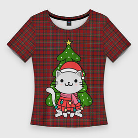 Женская футболка 3D Slim с принтом КОТИК И ЁЛОЧКА  НОВОГОДНЯЯ в Курске,  |  | 2020 | 2021 | 2022 | cat | cats | christmas | merry | гирлянды | елка | кот | леденец | мяу | нг | новогодний | новый год | олени | рождество | свитер | узоры