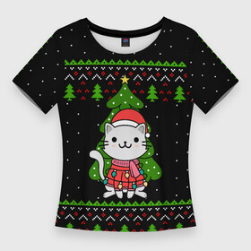 Женская футболка 3D Slim с принтом КОТЁНОК И ЁЛОЧКА  НОВОГОДНЯЯ в Курске,  |  | 2020 | 2021 | 2022 | cat | cats | christmas | merry | гирлянды | кот | леденец | мяу | нг | новогодний | новый год | олени | рождество | свитер | узоры