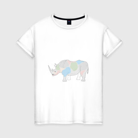 Женская футболка хлопок с принтом Волшебный носорог в Курске, 100% хлопок | прямой крой, круглый вырез горловины, длина до линии бедер, слегка спущенное плечо | африка | волшебство | животное | животные | звери | зверь | мило | милота | носорог | пятна | пятнистый | разноцветный | сказка | экзотика