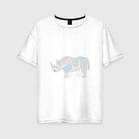 Женская футболка хлопок Oversize с принтом Волшебный носорог в Курске, 100% хлопок | свободный крой, круглый ворот, спущенный рукав, длина до линии бедер
 | африка | волшебство | животное | животные | звери | зверь | мило | милота | носорог | пятна | пятнистый | разноцветный | сказка | экзотика