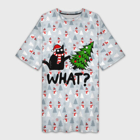 Платье-футболка 3D с принтом WHAT CAT  CHRISTMAS в Курске,  |  | Тематика изображения на принте: 2020 | 2021 | 2022 | cat | cats | christmas | merry | what | ват | кот | леденец | мяу | нг | новогодний | новый год | олени | рождество | свитер | узоры
