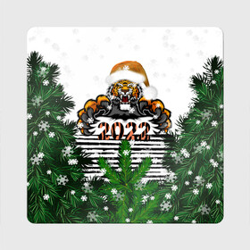 Магнит виниловый Квадрат с принтом Новогодний Тигр Среди Елок в Курске, полимерный материал с магнитным слоем | размер 9*9 см, закругленные углы | 2022 | black | cat | christmas | merry | new year | tiger | xmas | водяной | год тигра | елка | животные | кот | кошки | новый год | паттерн | полосатый | рождество | снег | снежинки | сосна | тигры | узор | цветы | черный