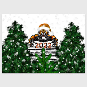 Поздравительная открытка с принтом Новогодний Тигр Среди Елок в Курске, 100% бумага | плотность бумаги 280 г/м2, матовая, на обратной стороне линовка и место для марки
 | 2022 | black | cat | christmas | merry | new year | tiger | xmas | водяной | год тигра | елка | животные | кот | кошки | новый год | паттерн | полосатый | рождество | снег | снежинки | сосна | тигры | узор | цветы | черный