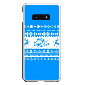 Чехол для Samsung S10E с принтом MERRY CHRISTMAS | BLUE в Курске, Силикон | Область печати: задняя сторона чехла, без боковых панелей | 2020 | 2021 | 2022 | christmas | merry | santa | дед мороз | кот | леденец | мяу | нг | новогодний | новый год | олени | рождество | санта клаус | свитер | узоры