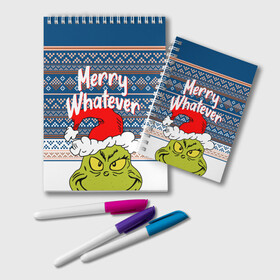 Блокнот с принтом MERRY WHATEVER | GRINCH в Курске, 100% бумага | 48 листов, плотность листов — 60 г/м2, плотность картонной обложки — 250 г/м2. Листы скреплены удобной пружинной спиралью. Цвет линий — светло-серый
 | Тематика изображения на принте: 2020 | 2021 | 2022 | christmas | grinch | merry | santa | whatever | гринч | дед мороз | леденец | нг | новогодний | новый год | олени | рождество | санта клаус | свитер | узоры