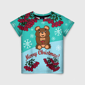 Детская футболка 3D с принтом Мишка и рождество в Курске, 100% гипоаллергенный полиэфир | прямой крой, круглый вырез горловины, длина до линии бедер, чуть спущенное плечо, ткань немного тянется | 2022 | merry christmas | ветки | год тигра | детский | животные | зима | зимний | лес | медведь | мишка | мультяшный | новогодний | новый год | подарок | праздничный | рождество | рябина | снег | снегопад