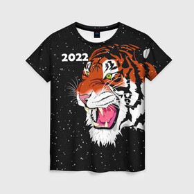 Женская футболка 3D с принтом Рычащий Тигр и Снегопад 2022 в Курске, 100% полиэфир ( синтетическое хлопкоподобное полотно) | прямой крой, круглый вырез горловины, длина до линии бедер | 2022 | black | cat | christmas | merry | new year | snow | tiger | xmas | водяной | год тигра | животные | кот | кошки | новый год | паттерн | полосатый | рождество | снег | снежинки | тигры | узор | цветы | черный