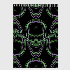 Скетчбук с принтом Skulls vanguard pattern 2077 в Курске, 100% бумага
 | 48 листов, плотность листов — 100 г/м2, плотность картонной обложки — 250 г/м2. Листы скреплены сверху удобной пружинной спиралью | Тематика изображения на принте: fashion | hype | neon | pattern | skull | vanguard | авангард | неон | узор | хайп | череп