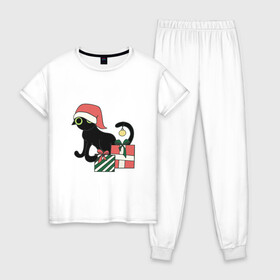 Женская пижама хлопок с принтом новогодний кот 2022 в Курске, 100% хлопок | брюки и футболка прямого кроя, без карманов, на брюках мягкая резинка на поясе и по низу штанин | дед мороз | ёлки | кот | котик | котэ | новый год | снегурка | черный кот