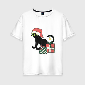 Женская футболка хлопок Oversize с принтом новогодний кот 2022 в Курске, 100% хлопок | свободный крой, круглый ворот, спущенный рукав, длина до линии бедер
 | дед мороз | ёлки | кот | котик | котэ | новый год | снегурка | черный кот