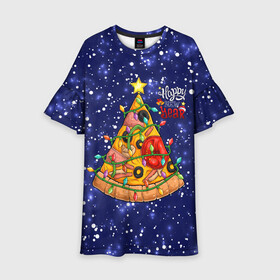 Детское платье 3D с принтом Новогодняя Елка Пицца в Курске, 100% полиэстер | прямой силуэт, чуть расширенный к низу. Круглая горловина, на рукавах — воланы | Тематика изображения на принте: christmas | pizza | гирлянда | елка | ель | звезда | новый год | пицца | рождество