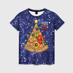 Женская футболка 3D с принтом Новогодняя Елка Пицца в Курске, 100% полиэфир ( синтетическое хлопкоподобное полотно) | прямой крой, круглый вырез горловины, длина до линии бедер | christmas | pizza | гирлянда | елка | ель | звезда | новый год | пицца | рождество