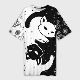 Платье-футболка 3D с принтом Новогодние два кота кувыркаются. в Курске,  |  | happy new year | merry christmas | зима близко | кот | коты | коты кувыркаются | котэ | новогодние коты | новогодний кот | снег | снежинки
