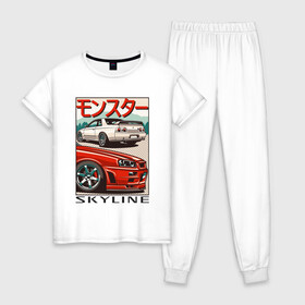 Женская пижама хлопок с принтом Nissan Skyline Ниссан Скайлайн в Курске, 100% хлопок | брюки и футболка прямого кроя, без карманов, на брюках мягкая резинка на поясе и по низу штанин | auto | car | japan | nissan | racing | retro | авто | гонки | машины | ниссан | ретро | скайлайн | тачки | япония