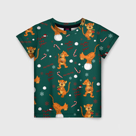 Детская футболка 3D с принтом тигр и рождество в Курске, 100% гипоаллергенный полиэфир | прямой крой, круглый вырез горловины, длина до линии бедер, чуть спущенное плечо, ткань немного тянется | happy new year | merry christmas | год тигра | животные | звери | зеленый | зима | зимний принт | иллюстрация | кошка | красный | леденец | новогодний | оранжевый | подарок | полосатый | рождество | снег | снегопад