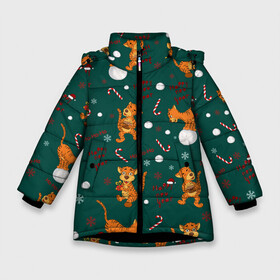 Зимняя куртка для девочек 3D с принтом тигр и рождество в Курске, ткань верха — 100% полиэстер; подклад — 100% полиэстер, утеплитель — 100% полиэстер. | длина ниже бедра, удлиненная спинка, воротник стойка и отстегивающийся капюшон. Есть боковые карманы с листочкой на кнопках, утяжки по низу изделия и внутренний карман на молнии. 

Предусмотрены светоотражающий принт на спинке, радужный светоотражающий элемент на пуллере молнии и на резинке для утяжки. | happy new year | merry christmas | год тигра | животные | звери | зеленый | зима | зимний принт | иллюстрация | кошка | красный | леденец | новогодний | оранжевый | подарок | полосатый | рождество | снег | снегопад