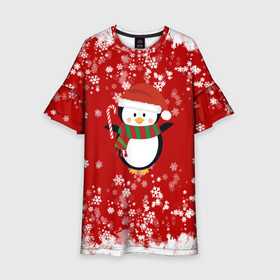 Детское платье 3D с принтом Пингвин в новогодней шапочке в Курске, 100% полиэстер | прямой силуэт, чуть расширенный к низу. Круглая горловина, на рукавах — воланы | 2021 | 2022 | happy new year 2022 | новогодний пингвин | новый год | новый год 2022 | пингвин | праздник | снежинки | снежный пингвин