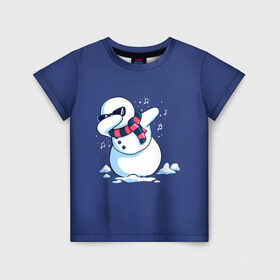 Детская футболка 3D с принтом Dab Snowman in a scarf в Курске, 100% гипоаллергенный полиэфир | прямой крой, круглый вырез горловины, длина до линии бедер, чуть спущенное плечо, ткань немного тянется | 2022 | 22 | christmas | dab | dub | new | notes | scarf | snow | snowman | snowy | woman | year | баба | год | даб | новый | ноты | очки | рождество | снег | снеговик | снежная | шарф