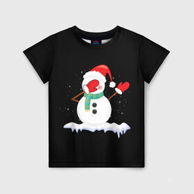 Детская футболка 3D с принтом Cartoon Dab Snowman в Курске, 100% гипоаллергенный полиэфир | прямой крой, круглый вырез горловины, длина до линии бедер, чуть спущенное плечо, ткань немного тянется | 2022 | 22 | cartoon | christmas | dab | dub | mult | new | notes | scarf | snow | snowman | snowy | woman | year | баба | год | даб | мультяшный | новый | очки | рождество | снег | снеговик | снежная | шарф