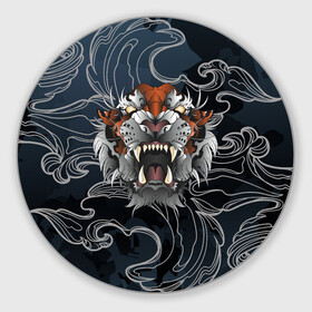 Круглый коврик для мышки с принтом Рычащий Тигр в японском стиле в Курске, резина и полиэстер | круглая форма, изображение наносится на всю лицевую часть | волны | символ года | тигр | хищник | япония