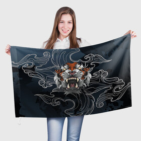 Флаг 3D с принтом Рычащий Тигр в японском стиле в Курске, 100% полиэстер | плотность ткани — 95 г/м2, размер — 67 х 109 см. Принт наносится с одной стороны | волны | символ года | тигр | хищник | япония