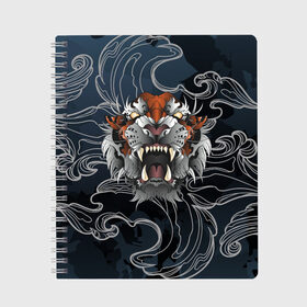 Тетрадь с принтом Рычащий Тигр в японском стиле в Курске, 100% бумага | 48 листов, плотность листов — 60 г/м2, плотность картонной обложки — 250 г/м2. Листы скреплены сбоку удобной пружинной спиралью. Уголки страниц и обложки скругленные. Цвет линий — светло-серый
 | волны | символ года | тигр | хищник | япония