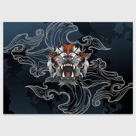 Поздравительная открытка с принтом Рычащий Тигр в японском стиле в Курске, 100% бумага | плотность бумаги 280 г/м2, матовая, на обратной стороне линовка и место для марки
 | волны | символ года | тигр | хищник | япония