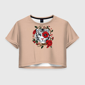 Женская футболка Crop-top 3D с принтом White Tiger Symbol в Курске, 100% полиэстер | круглая горловина, длина футболки до линии талии, рукава с отворотами | blue | christmas | eyes | face | flowers | glow | muzzle | new | rose | snow | symbol | tiger | tulip | white | winter | year | белый | глаза | год | года | зима | лицо | нового | новый | рождество | свечение | символ | синее | тигр | тигра