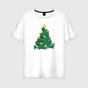 Женская футболка хлопок Oversize с принтом Christmas Tree Made Of Green Cats в Курске, 100% хлопок | свободный крой, круглый ворот, спущенный рукав, длина до линии бедер
 | cat | cats | christmas | decotarions | green | kittens | made | new | of | star | toys | tree | year | год | ёлка | звезда | игрушки | кот | коты | котята | кошки | новый | рождество