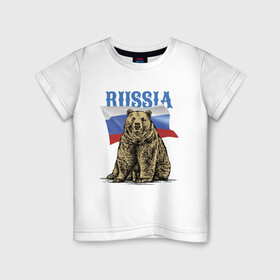 Детская футболка хлопок с принтом Символика России и медведь в Курске, 100% хлопок | круглый вырез горловины, полуприлегающий силуэт, длина до линии бедер | Тематика изображения на принте: bear | courage | fearlessness | flag | force | muzzle | paws | power | russia | бесстрашие | лапы | медведь | мощь | мужество | отвага | россия | сила | флаг