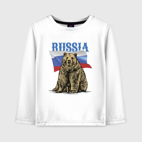 Детский лонгслив хлопок с принтом Символика России и медведь в Курске, 100% хлопок | круглый вырез горловины, полуприлегающий силуэт, длина до линии бедер | bear | courage | fearlessness | flag | force | muzzle | paws | power | russia | бесстрашие | лапы | медведь | мощь | мужество | отвага | россия | сила | флаг