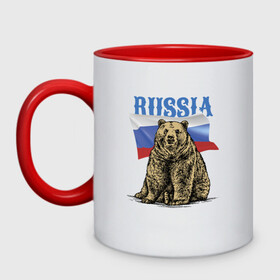 Кружка двухцветная с принтом Символика России и медведь в Курске, керамика | объем — 330 мл, диаметр — 80 мм. Цветная ручка и кайма сверху, в некоторых цветах — вся внутренняя часть | bear | courage | fearlessness | flag | force | muzzle | paws | power | russia | бесстрашие | лапы | медведь | мощь | мужество | отвага | россия | сила | флаг