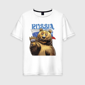 Женская футболка хлопок Oversize с принтом Прикольный русский медвежара в Курске, 100% хлопок | свободный крой, круглый ворот, спущенный рукав, длина до линии бедер
 | bear | courage | fearlessness | flag | force | muzzle | paws | power | russia | бесстрашие | лапы | медведь | мощь | мужество | отвага | россия | сила | флаг
