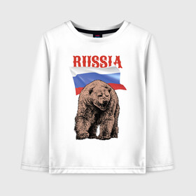 Детский лонгслив хлопок с принтом Русский свирепый медведь в Курске, 100% хлопок | круглый вырез горловины, полуприлегающий силуэт, длина до линии бедер | bear | courage | fearlessness | flag | force | muzzle | paws | power | russia | бесстрашие | лапы | медведь | мощь | мужество | отвага | россия | сила | флаг