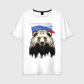 Женская футболка хлопок Oversize с принтом Русский спокойный хозяин леса в Курске, 100% хлопок | свободный крой, круглый ворот, спущенный рукав, длина до линии бедер
 | bear | courage | fearlessness | flag | force | forest | muzzle | paws | power | russia | бесстрашие | лапы | лес | медведь | мощь | мужество | отвага | россия | сила | флаг