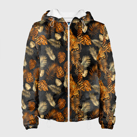 Женская куртка 3D с принтом Тигры и листья Тропики в Курске, ткань верха — 100% полиэстер, подклад — флис | прямой крой, подол и капюшон оформлены резинкой с фиксаторами, два кармана без застежек по бокам, один большой потайной карман на груди. Карман на груди застегивается на липучку | 2022 | год тигра | новый год | новый год 2022 | символ года | тигр | тигренок | тигрица | тигры