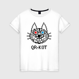 Женская футболка хлопок с принтом QR кот в стерео очках. в Курске, 100% хлопок | прямой крой, круглый вырез горловины, длина до линии бедер, слегка спущенное плечо | 3d | head | kitten | kote | pixels | qr cat | qr code | qr код | qr кот | watching a movie | голова | котенок | котэ | кошка | пиксели | смотрит кино | стерео очки