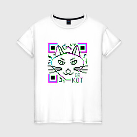 Женская футболка хлопок с принтом QR-Кот 3D в Курске, 100% хлопок | прямой крой, круглый вырез горловины, длина до линии бедер, слегка спущенное плечо | 3d | 3д | qr код | qr кот | ковид | кот | кошка | кьюар код | кьюард кот | мемы qr | мемы кот | прикол