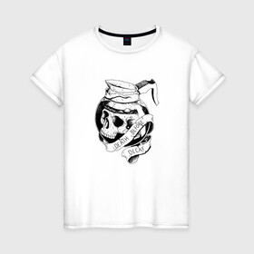Женская футболка хлопок с принтом Смерть без кофеина в Курске, 100% хлопок | прямой крой, круглый вырез горловины, длина до линии бедер, слегка спущенное плечо | бариста | кофе | кофейня | скелет | униформа | череп