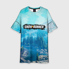 Детское платье 3D с принтом SnowRunner СноуРаннер логотип в Курске, 100% полиэстер | прямой силуэт, чуть расширенный к низу. Круглая горловина, на рукавах — воланы | race | snowrunner | гонки | гонки по бездорожью | гоночные игры | зимние гонки | снежные гонки | снежный бегун | сноу раннер | сноураннер