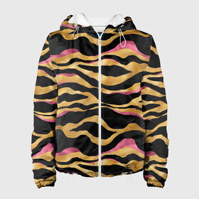 Женская куртка 3D с принтом тигровый окрас Gold Pink в Курске, ткань верха — 100% полиэстер, подклад — флис | прямой крой, подол и капюшон оформлены резинкой с фиксаторами, два кармана без застежек по бокам, один большой потайной карман на груди. Карман на груди застегивается на липучку | 2022 | год тигра | новый год | новый год 2022 | символ года | тигр | тигренок | тигрица | тигры