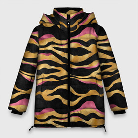 Женская зимняя куртка Oversize с принтом тигровый окрас Gold Pink в Курске, верх — 100% полиэстер; подкладка — 100% полиэстер; утеплитель — 100% полиэстер | длина ниже бедра, силуэт Оверсайз. Есть воротник-стойка, отстегивающийся капюшон и ветрозащитная планка. 

Боковые карманы с листочкой на кнопках и внутренний карман на молнии | 2022 | год тигра | новый год | новый год 2022 | символ года | тигр | тигренок | тигрица | тигры