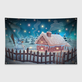 Флаг-баннер с принтом Домик в деревне в Курске, 100% полиэстер | размер 67 х 109 см, плотность ткани — 95 г/м2; по краям флага есть четыре люверса для крепления | new year | арт | графика | деревня | дом | зима | новый год | рождество | снеговик