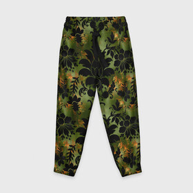 Детские брюки 3D с принтом Темные тропические листья в Курске, 100% полиэстер | манжеты по низу, эластичный пояс регулируется шнурком, по бокам два кармана без застежек, внутренняя часть кармана из мелкой сетки | джунгли | лето | листья | тропики | тропические листья