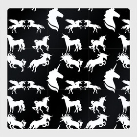 Магнитный плакат 3Х3 с принтом Белые единороги на черном фоне в Курске, Полимерный материал с магнитным слоем | 9 деталей размером 9*9 см | единорог | животные | звери | узор | чернобелый